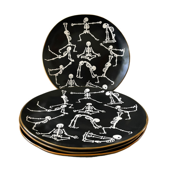 Eli + Ana Halloween Skeleton Namaste Yoga Dinner Plates 11" Set Of 4 Spooky New - Picture 10 of 10